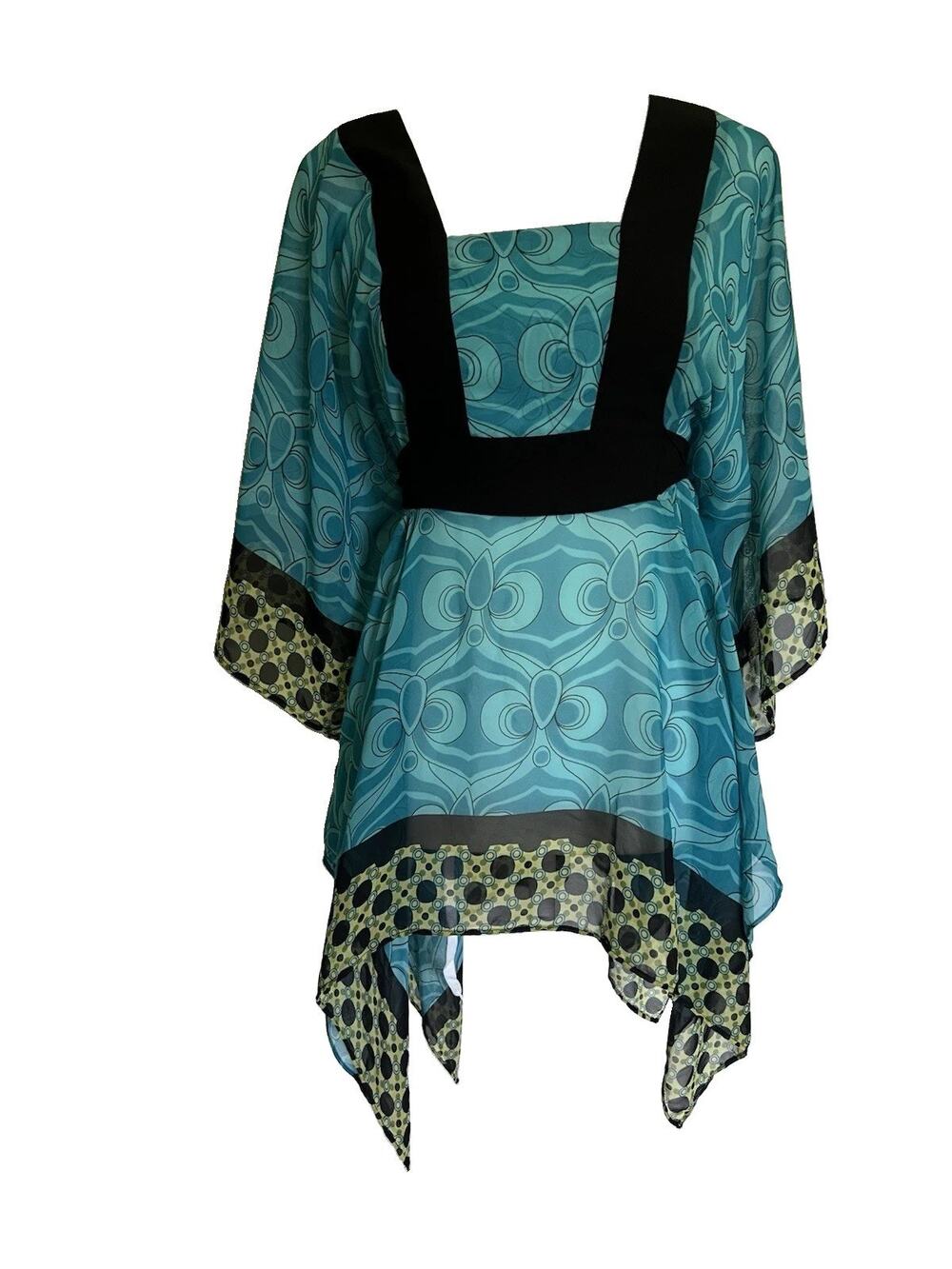 Bisou Bisou Vintage Y2K Babydoll Kimono Top Blouse Cover Up Blue Sheer Print L